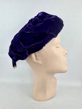 Load image into Gallery viewer, Original 1950's Cotton Velvet hat in Rich Purple with Tassel Trim
