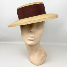 Load image into Gallery viewer, Original 1940’s Natural Straw Hat with Wide Brown Grosgrain Trim and Bow - Perfect Summer Hat
