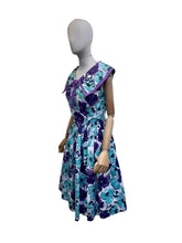 Load image into Gallery viewer, Original 1950's Vibrant Cotton Day Dress in Purple, Blue and White - Bust 36
