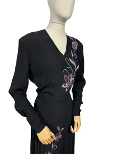 Original 1940's Black Satin Backed Crepe Long Sleeved Cocktail Dress with Lilac Purple Floral Silk Embroidery - Bust 36 38