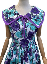 Load image into Gallery viewer, Original 1950's Vibrant Cotton Day Dress in Purple, Blue and White - Bust 36
