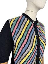 Load image into Gallery viewer, Original 1940&#39;s Black Chevron Stripe Cardigan in Boucle Wool in Yellow, Grey, Blue, Pink and Green - Bust 36 38
