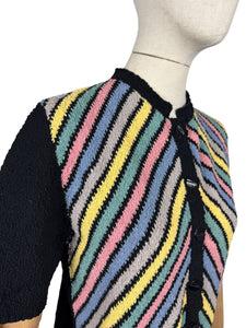 Original 1940's Black Chevron Stripe Cardigan in Boucle Wool in Yellow, Grey, Blue, Pink and Green - Bust 36 38