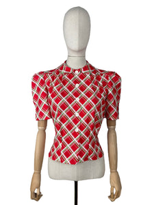 1940's Reproduction Christmas Blouse In Red, Mint Green, White and Pink Vintage Check in Moda Cotton 'Deer Christmas' - Bust 34" 36"