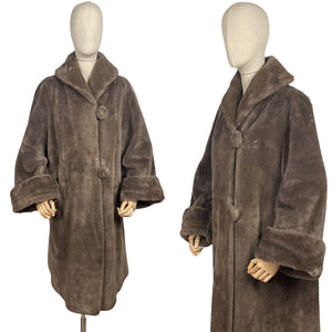 Fabulous Original 1950's Faux Fur Coat with Huge Cuffs, Shawl Collar and Large Buttons - Bust 38" *