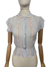 Load image into Gallery viewer, Original 1940&#39;s 1950&#39;s Powder Blue Sheer Chiffon Blouse with Pretty Lace Trim - Bust 32 33 *
