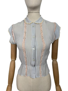 Original 1940's 1950's Powder Blue Sheer Chiffon Blouse with Pretty Lace Trim - Bust 32 33 *