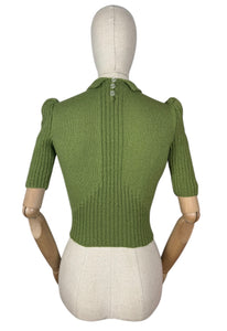 Reproduction 1940's Wartime Pure Wool Jumper with Neat Collar in Turtle Green  - Bust 34 36