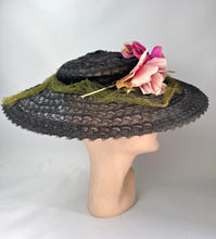 Load image into Gallery viewer, Original 1940's Black Mesh Pancake Hat with Pink Flower and Green Net Trim *
