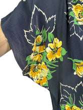 Load image into Gallery viewer, Original 1940's Navy Day Dress with Double Peplum and Floral Print in Green and Yellow - Bust 34 35
