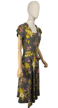 Load image into Gallery viewer, Original 1940's Dark Grey Floral Print Pink and Mustard Crepe Day Dress with Peplum - Bust 34 35 *
