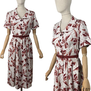 Original 1940's Fabulous Bow and Umbrella Novelty Print Linen Belted Day Dress - Bust 36