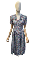 Load image into Gallery viewer, Original 1930's Floral Crepe Day Dress in Blue, Red and Green with Frill Trim - Bust 34
