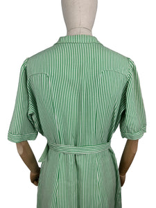 Original 1940's White and Green Candy Stripe Heavy Linen Button Front Belted Day Dress - Bust 40 42 *