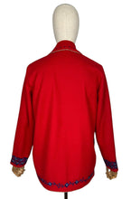 Load image into Gallery viewer, Original 1950&#39;s Red Felt Jacket Embroidered with Leaves in Blue and White - Bust 34 36
