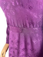 Load image into Gallery viewer, Original 1940&#39;s Cadbury Purple Floral Crepe Dress with Belt and Glass Buttons - Bust 34&quot; *

