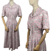 Load image into Gallery viewer, Original Late 1940&#39;s or Early 1950&#39;s Classic Floral Cotton Day Dress in Pink, White, Grey and Blue Floral - Bust 38
