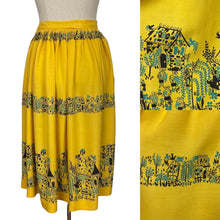 Load image into Gallery viewer, Original 1950&#39;s Yellow, Turquoise and Black Novelty Print Skirt - Waist 28&quot;
