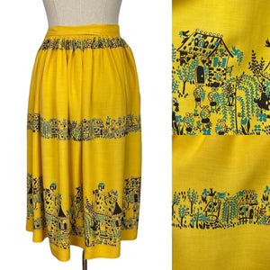 Original 1950's Yellow, Turquoise and Black Novelty Print Skirt - Waist 28"