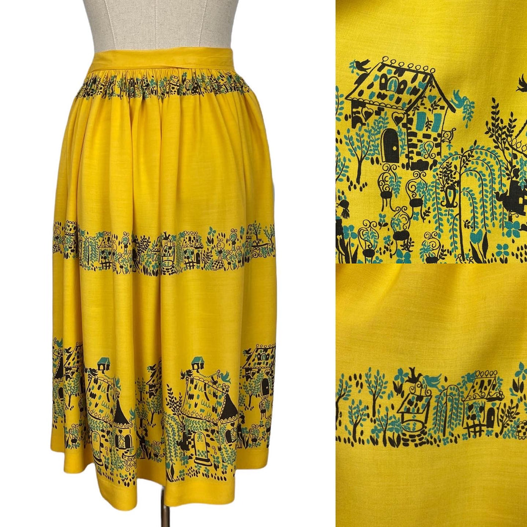 Original 1950's Yellow, Turquoise and Black Novelty Print Skirt - Waist 28