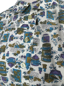 Vintage 1950's 1960's Lightweight Cotton Novelty Print Shirtwaister Dress in Purple, Blue and Green - Bust 36