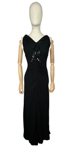 Original 1940's Bias Cut Black Crepe Full Length Evening Dress with Sequin Trim - Bust 36 38 *