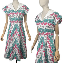 Load image into Gallery viewer, Original 1950's Vibrant Cotton Dress in White, Blue, Black and Pink Cherry Print - Bust 34 35 *
