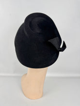 Load image into Gallery viewer, Original 1950&#39;s Inky Black Felt Hat with Faux Pearl Beads and Side Bow
