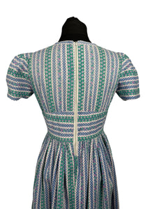 Original 1940's Petite Fit Textured Cotton Stripe Dress in Green, Pink, Blue and White - Bust 34 *