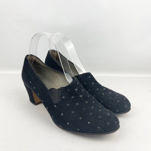 Original 1940's Black Suede Court Shoes with Pretty Stitch Detail - UK 5 5.5