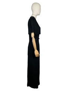 Original 1940's B Altman New York Full Length Black Crepe Evening Dress with Fringe Detail - Bust 36 38