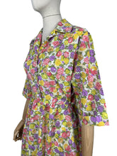 Load image into Gallery viewer, Original 1950’s Volup Vibrant Floral Day Dress in Orange, Purple, Yellow and Green on White - Bust 44
