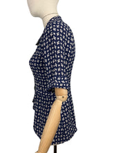 Load image into Gallery viewer, Original 1940’s Navy and White Crepe Novelty Print Jacket with Baskets and Flowers - Bust 33 34 *
