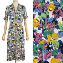 Load image into Gallery viewer, Original 1940's Bold Floral Crepe Day Dress in Pink, Green, Black and Yellow with Mother of Pearl Buttons - Bust 34
