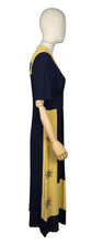 Load image into Gallery viewer, Stunning Original 1940's Navy and Butter Yellow Colour Block Crepe Dress with Floral Embroidery - Bust 34 35 *
