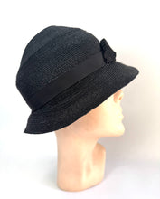 Load image into Gallery viewer, Original 1920's 1930's Black Straw Hat with Pleated Black Grosgrain Trim *
