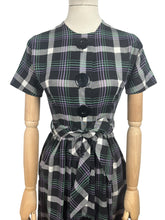 Load image into Gallery viewer, Original 1950&#39;s Black, Purple, White and Teal Plaid Cotton Belted Day Dress - Bust 32 34 *
