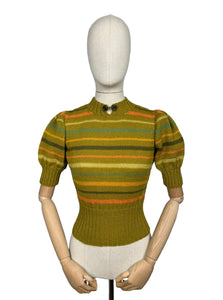 Reproduction 1930's Hand Knitted Pure Wool Stripe Jumper with Puff Sleeves and Double Button Fastening - Bust 34 36