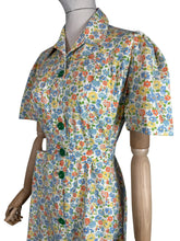 Load image into Gallery viewer, Original 1940's CC41 Floral Cotton House Dress in Green, Blue, Orange and Yellow - Bust 40”
