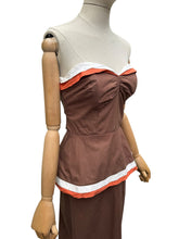 Load image into Gallery viewer, Original 1950's Brown, White and Orange Cotton Wiggle Dress - Bust 34"
