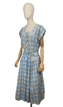 Load image into Gallery viewer, Original 1950&#39;s Blue, Brown and White Embroidered Check Belted Dress - Bust 36 38
