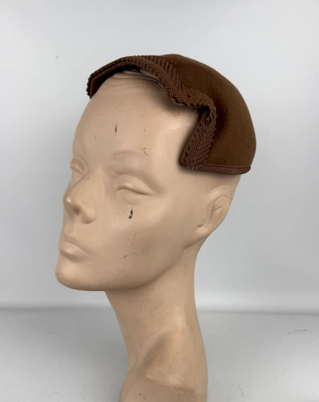 Original 1950's Warm Brown Felt Half Hat with Pleated Grosgrain Trim *