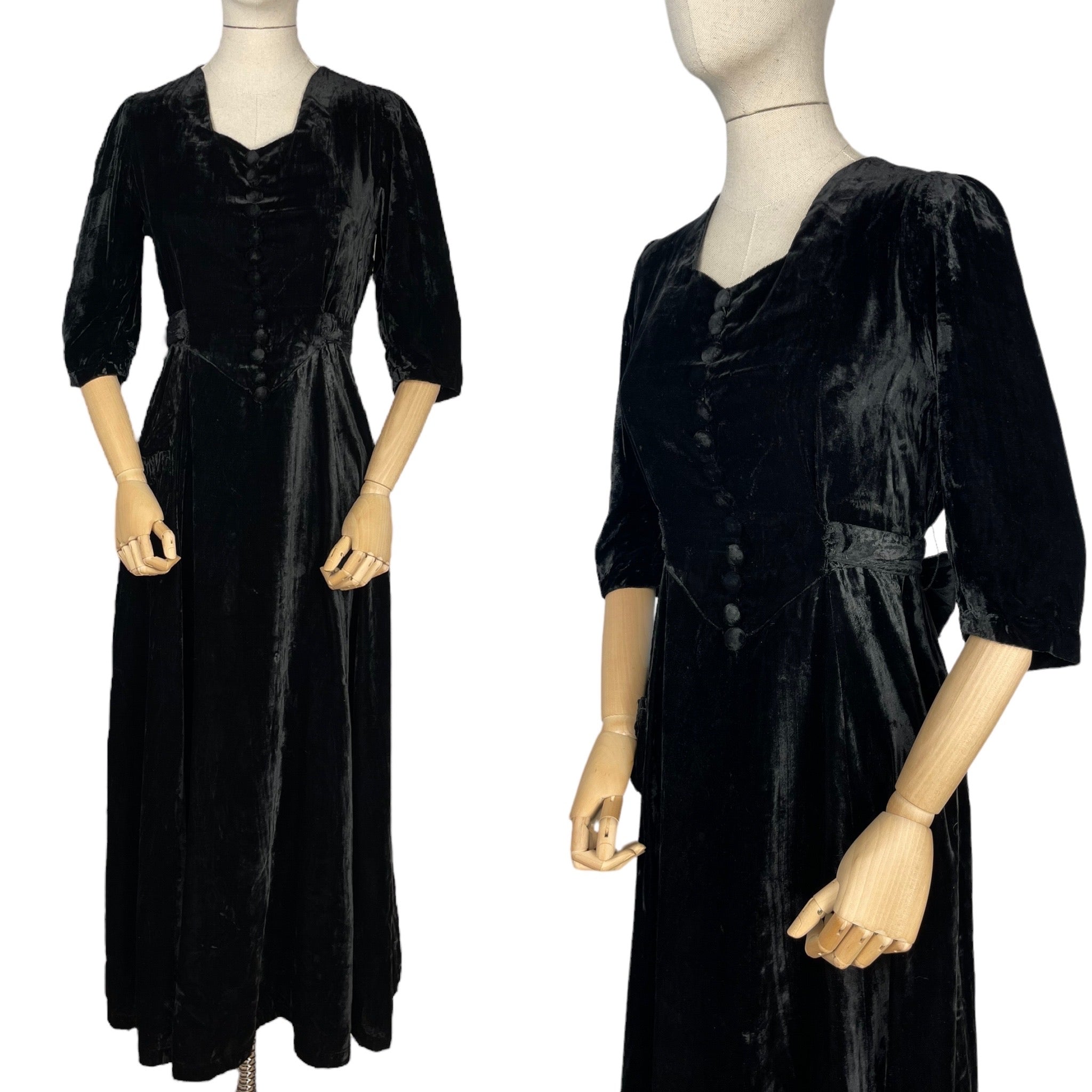 Original 1930’s Black Cotton Velvet Full Length Evening Dress with Bow Tie Belt Bust 34