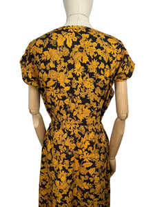 Original 1950’s Orange and Black Floral Cotton Wiggle Dress *