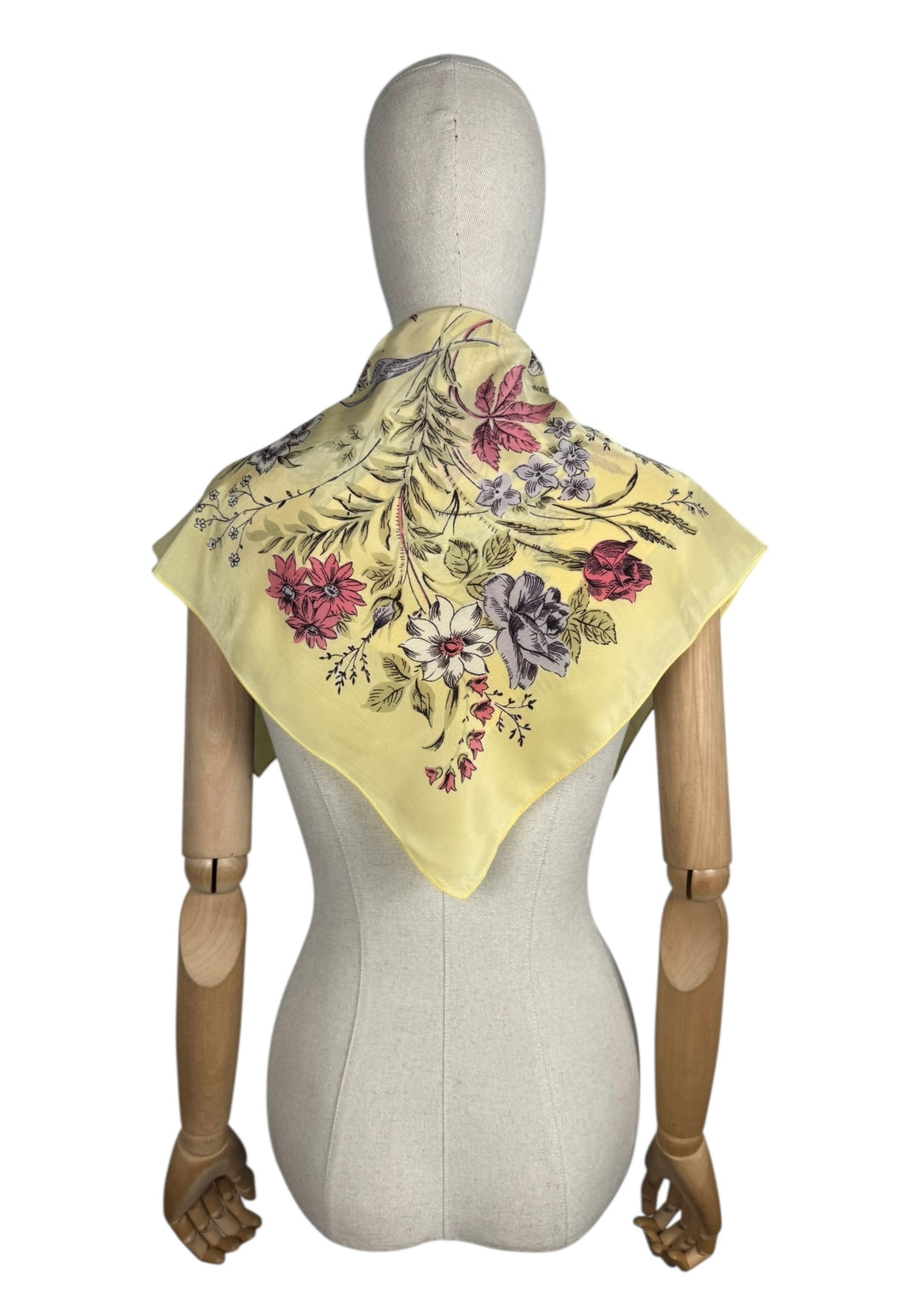 Original 1950's Pale Yellow Silk Crepe Scarf with Roses and Flowers Print in Pink and Green - Great Headscarf