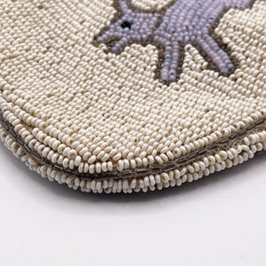 Original 1930's Heavily Beaded Evening Clutch Bag in Ivory and Light Purple with Dog Motif - Pretty Vintage Purse - As Is *