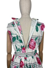 Load image into Gallery viewer, Original 1950&#39;s Crisp White Cotton Day Dress with Stripes and Roses Print - Bust 36
