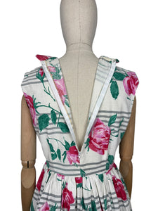 Original 1950's Crisp White Cotton Day Dress with Stripes and Roses Print - Bust 36