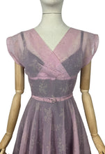 Load image into Gallery viewer, Original 1950's Pink Belted Nylon Day Dress with Floral Flock Print - Bust 34 36 *
