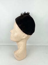 Load image into Gallery viewer, Original 1930&#39;s Dark Brown Velvet Skull Cap Hat with Large Feather Trim *
